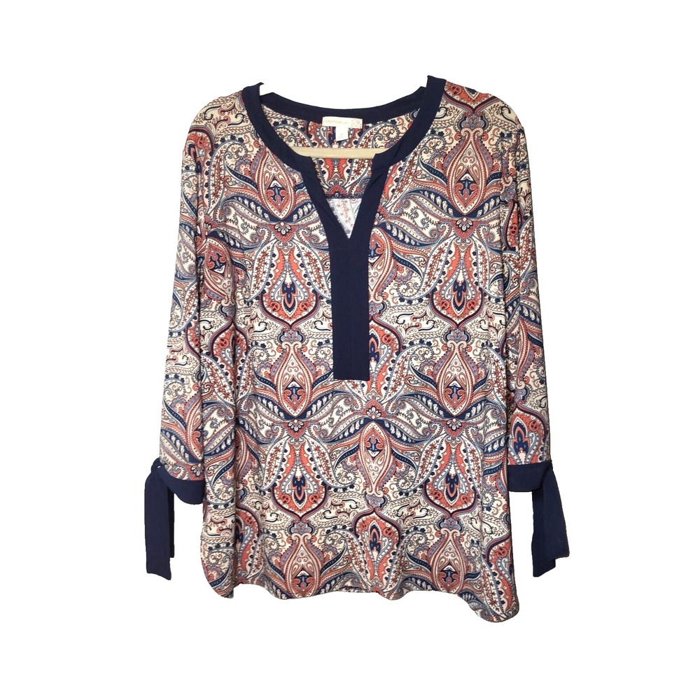 Westport 1962 Geometric V-Neck‎ 3/4 Sleeve With Ties Shirt Stretch Boho Size XL